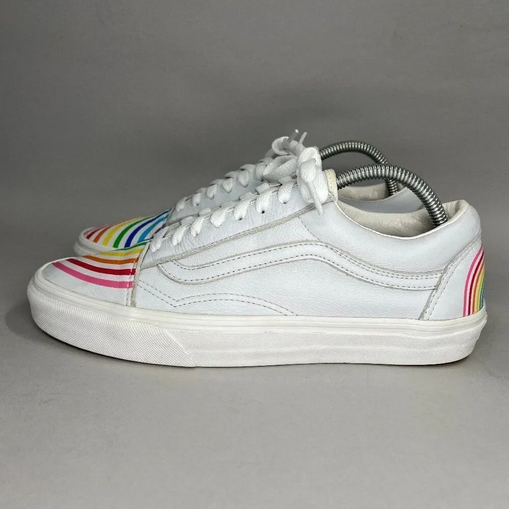 Vans Flour Shop Sneakers Women's Size 10.5 White Leather Old Skool Rainbow Shoes